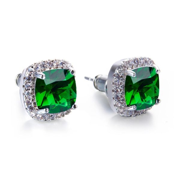 Green Emerald Diamond Halo Earrings Ear Ring - Picture 2 of 4